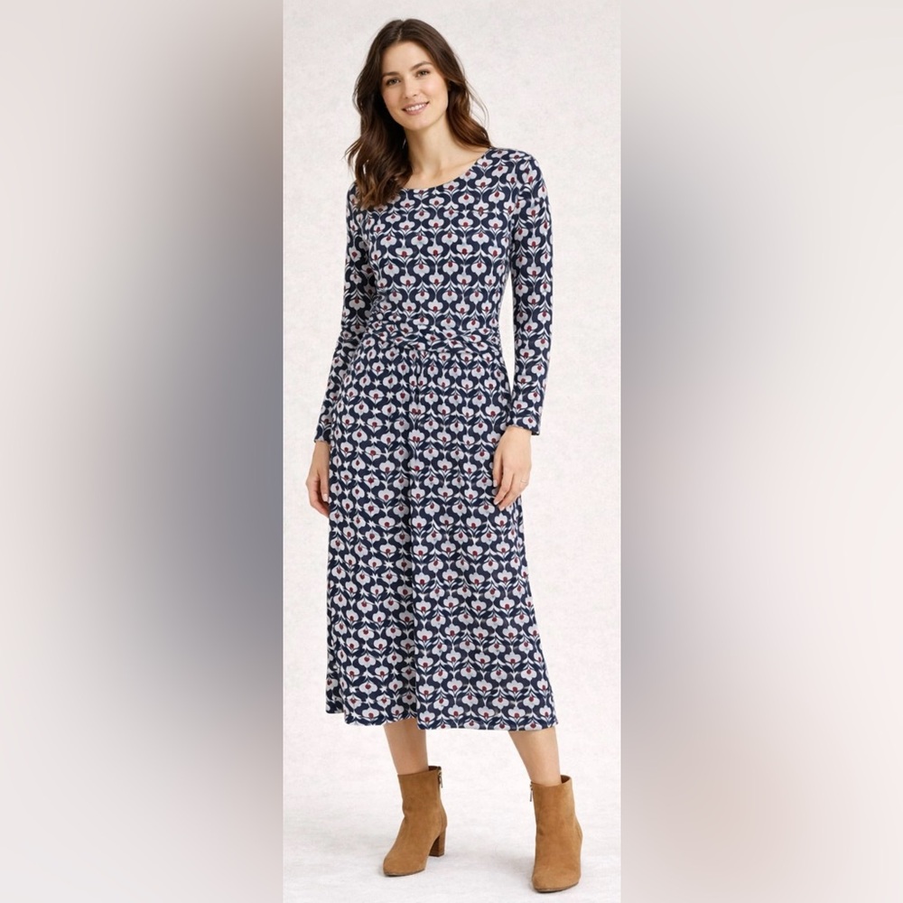 Boden Long Sleeve Floral Geometrical Fit And Flare Midi Dress Navy/White/Red 4L